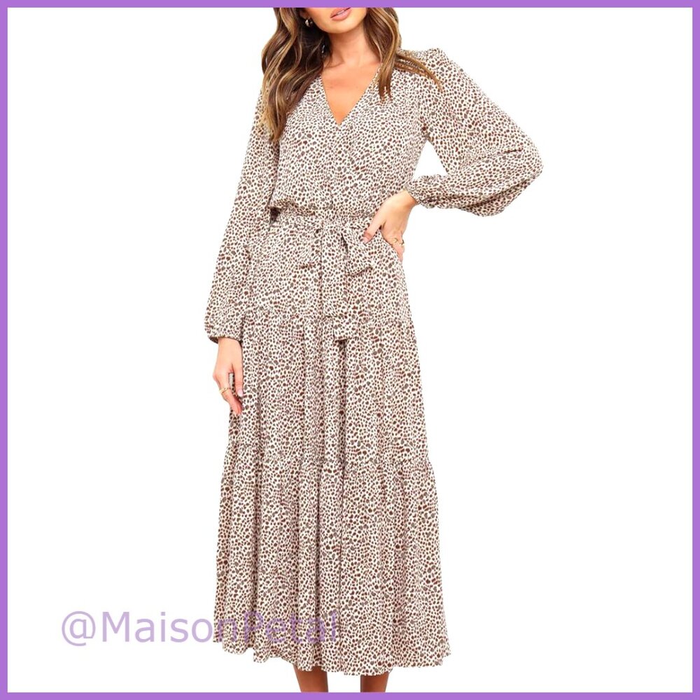 Long Sleeve Wrap V Neck Floral Maxi Dress Tie Waist Boho Chiffon